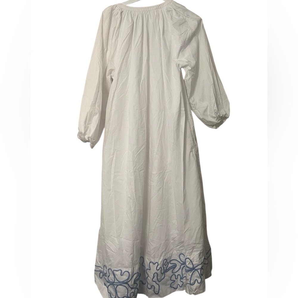 White Maxi Shirt Dress with Blue Embroidered Hem - Picture 3 of 5